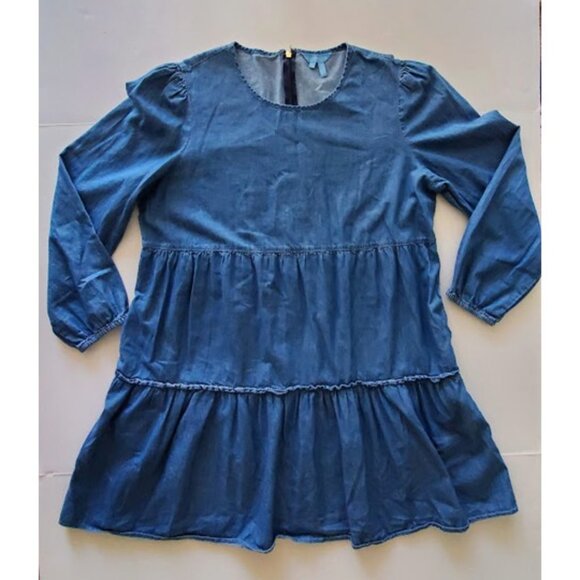 Draper James Chambray Tiered Long Sleeve Blue Shift Dress Mini Sz L Cottagecore - Picture 6 of 12
